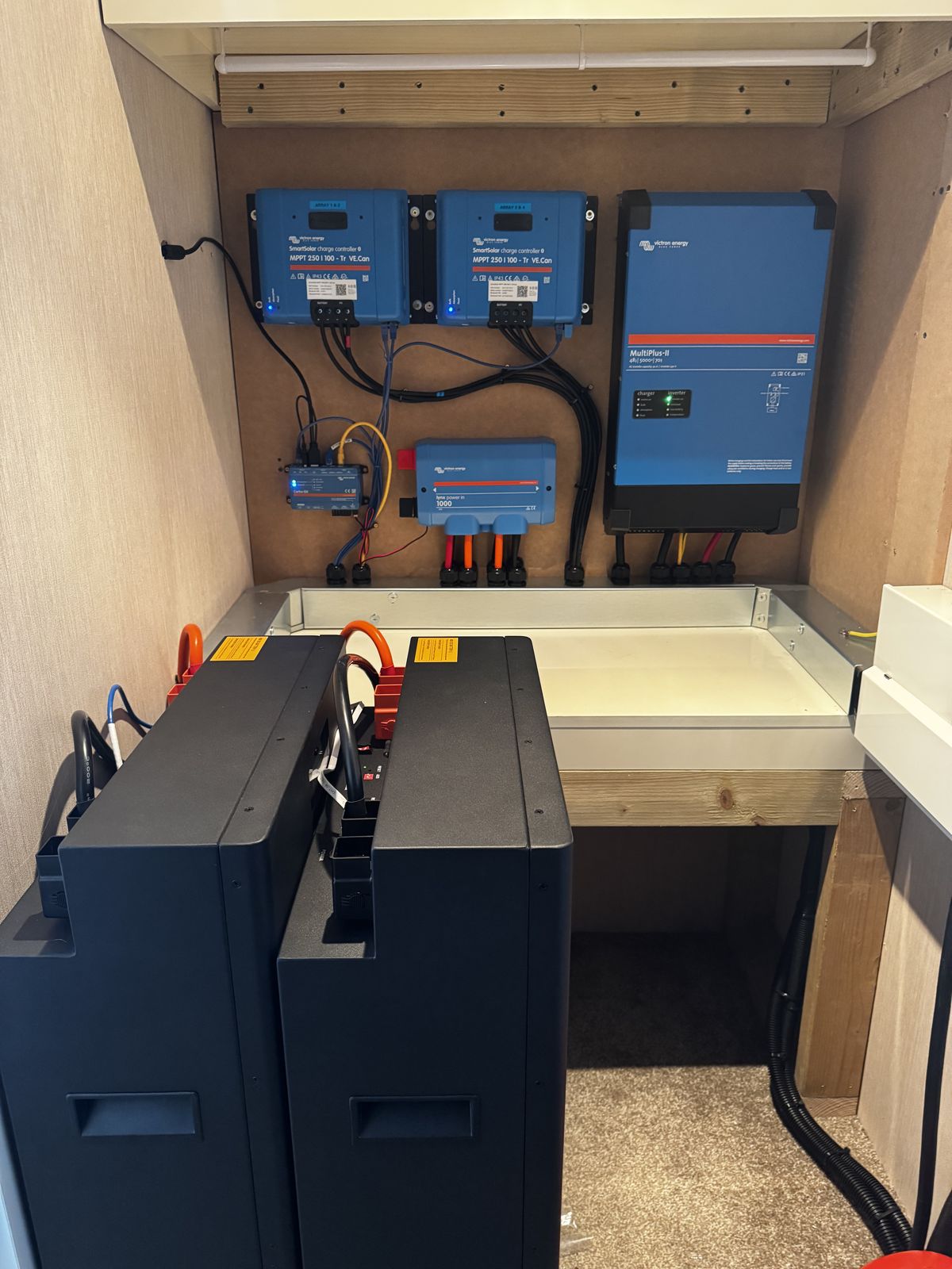 Battery bank and Victron charge control in a tidy plant room